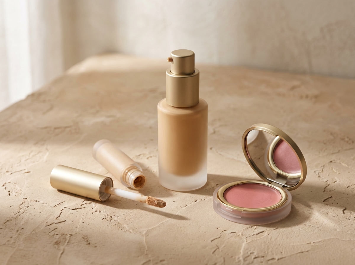 Luxury foundation bottles and cream blush compacts