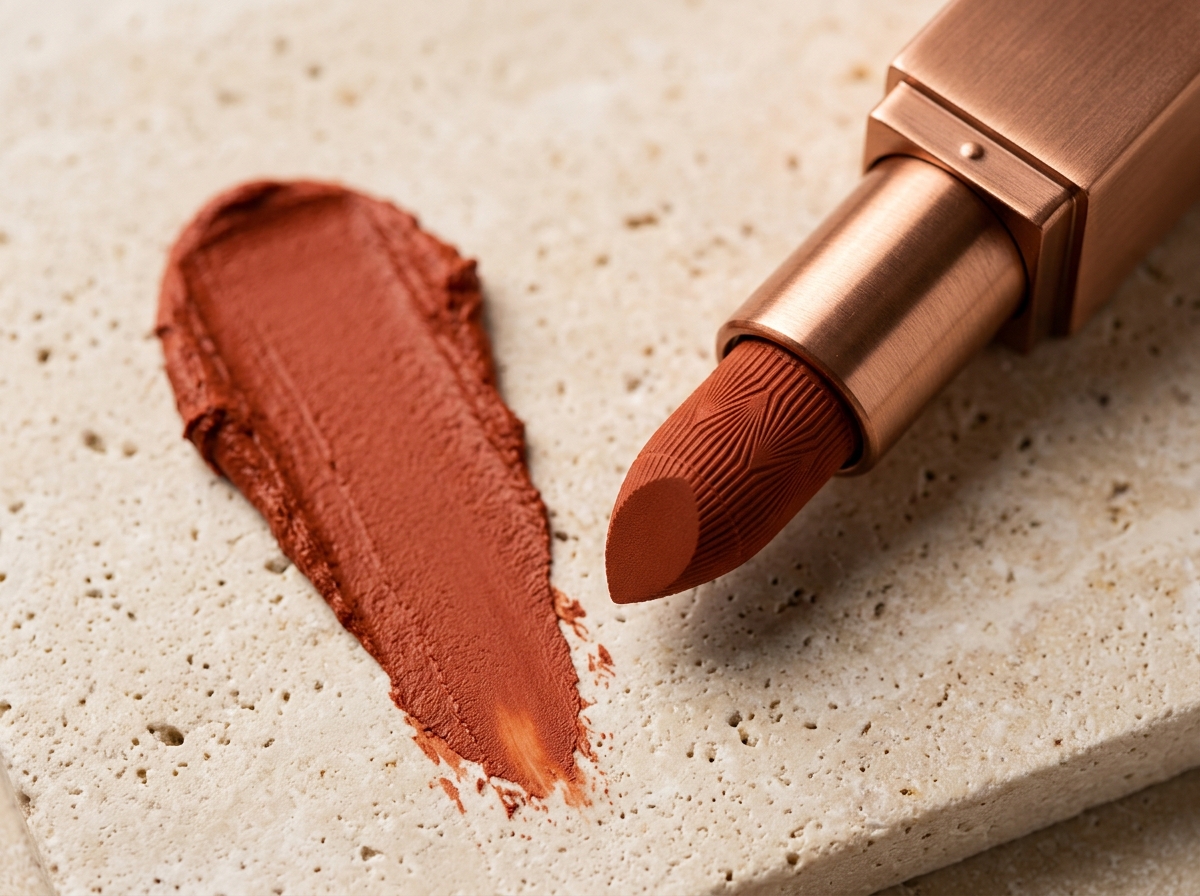 Macro detail of luxury terracotta velvet lipstick