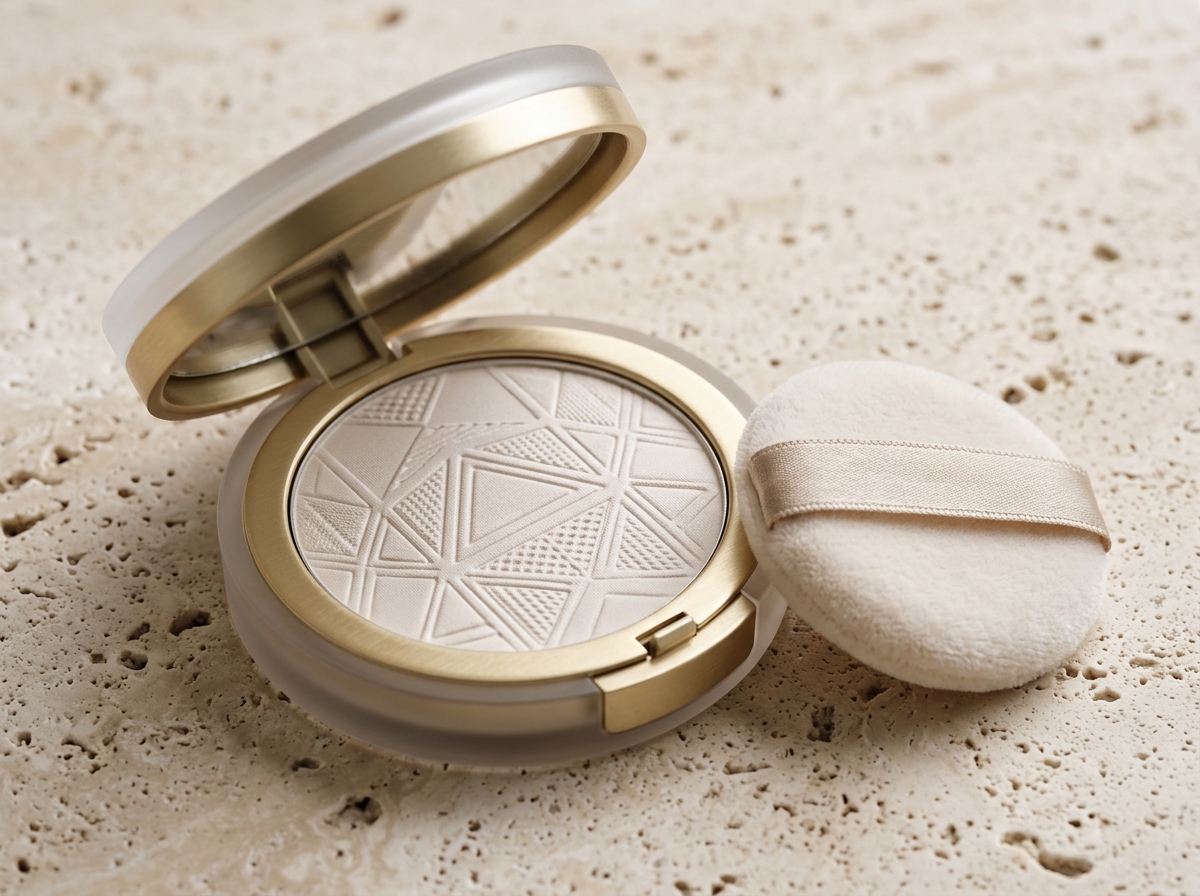 Pressed powder in frosted glass and pale gold compact